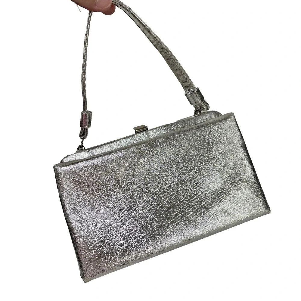 Vintage Silver Metallic Evening Bag Mid Century Top Handle Dressy Event Purse